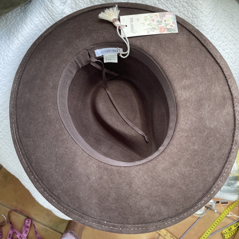 Johnny Was Brown 100% Wool Wide Brim Fedora Hat with Floral Print Silk Band - Picture 3 of 6